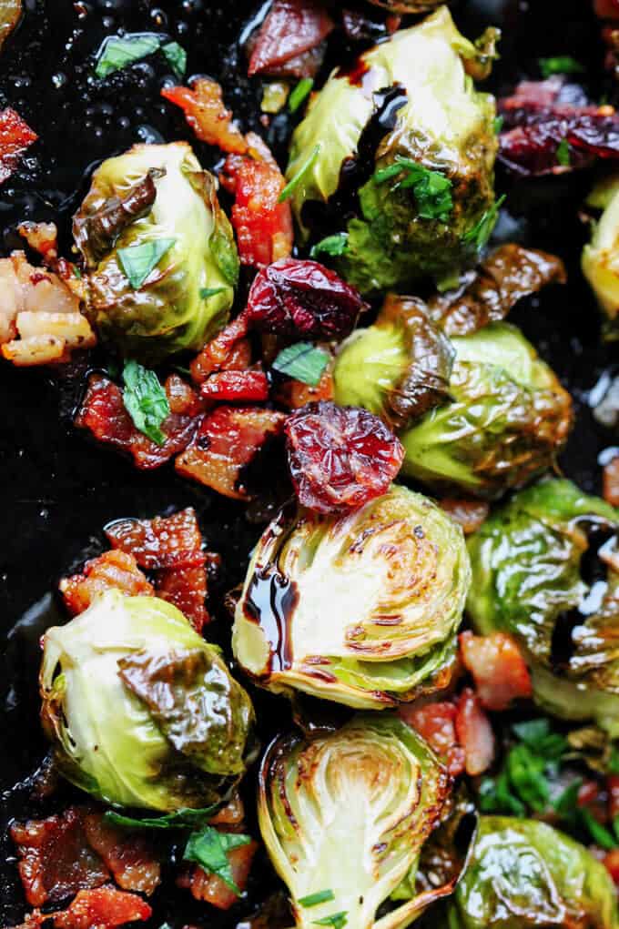 Balsamic Glazed Brussels Sprouts with Bacon and cranberries