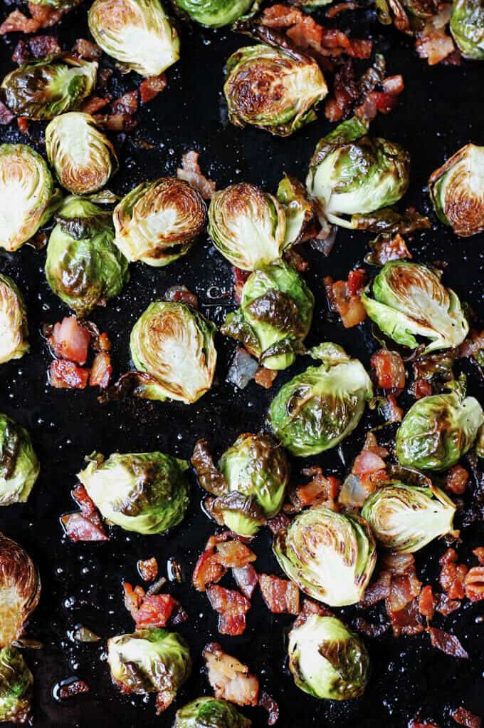 Roasting Brussels Sprouts with Bacon on a sheet pan