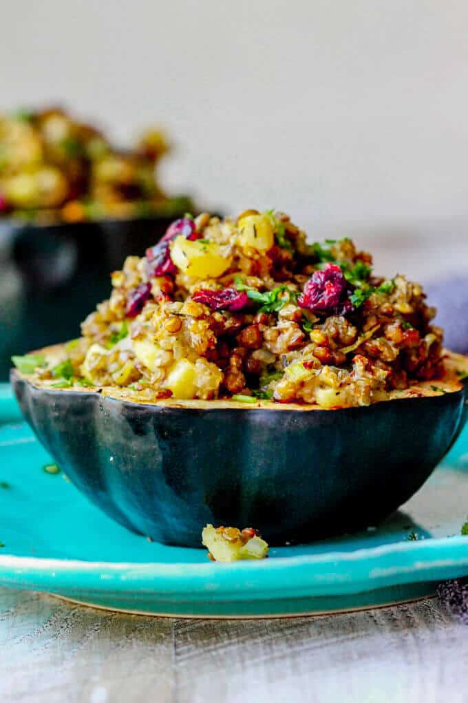 Lentils Stuffed Acorn Squash on a blue plate