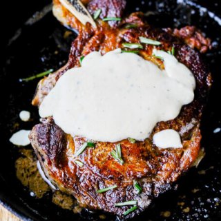 Pan-Seared Ribeye with Cracked Pepper & Mahon Menorca Cheese Sauce is a super easy and quick idea for any Holiday dinner. It just takes 15 minutes, from start to finish. You can’t beat that! #Ad #MahonCheese