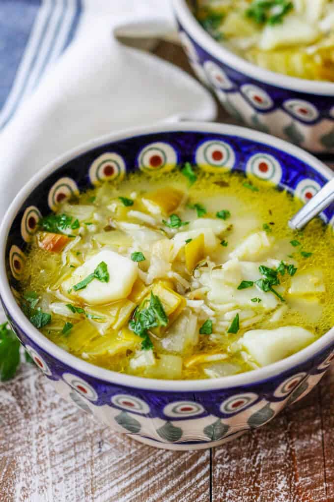 Chunky Potato Leek Soup in two bowls with spoons