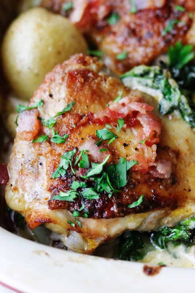 Tuscan chicken and potatoes in creamy garlic Parmesan sauce, close up shot