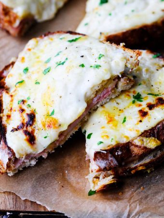 Classic Croque Monsieur sandwich cut up and stock up together