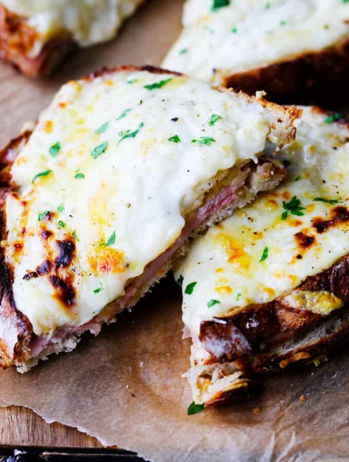 Classic Croque Monsieur sandwich cut up and stock up together
