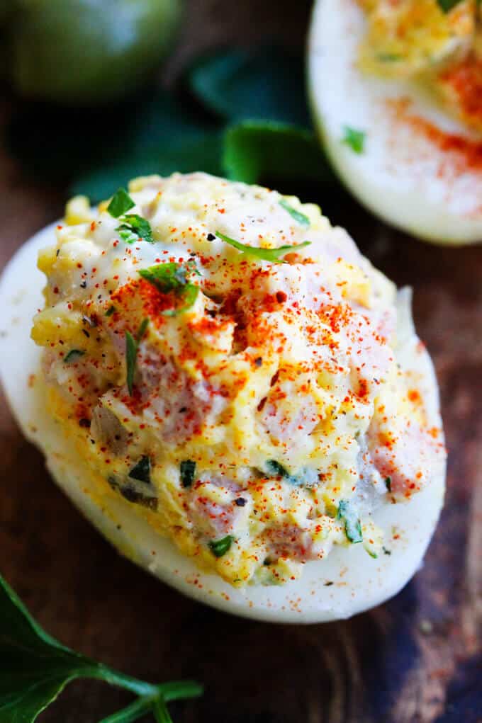 stuffed egg on a board, close up