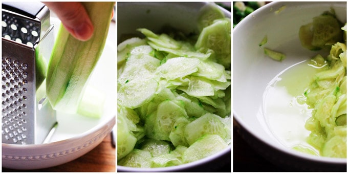 Preparation of Polish cucumber salad - 3 shots, slicing cucumber, cucumber in a bowl, cucumber with water