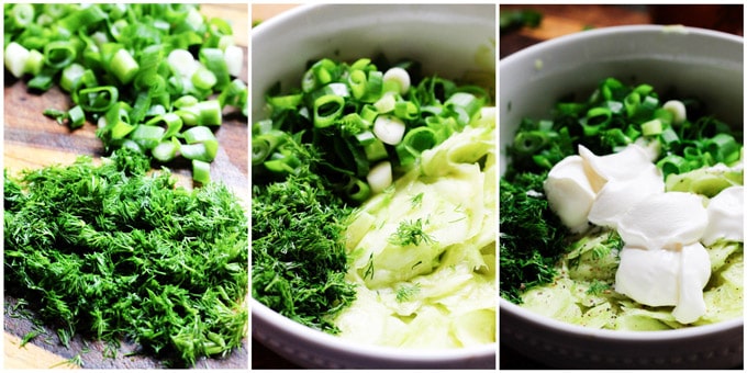 Preparation of Polish Cucumber Salad, 3 photos: cut up herbs, herbs and cucumbers in a bowl; added sour cream to the bowl