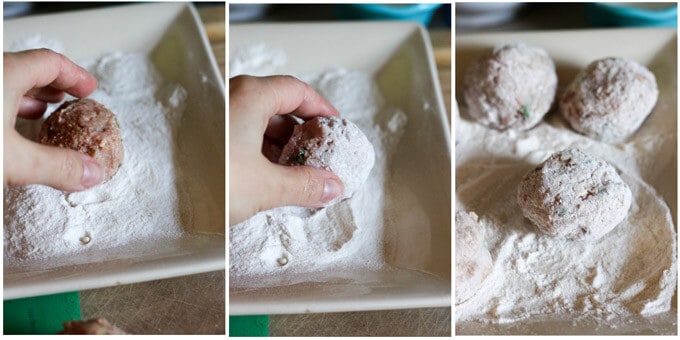 3 process shots of making meatballs, drenching in flour