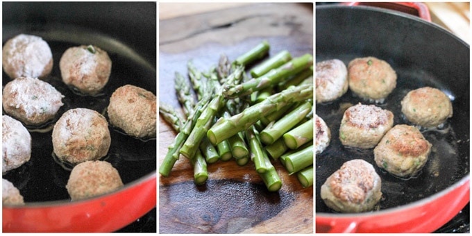 3 process shots; frying meatballs and preparing asparagus