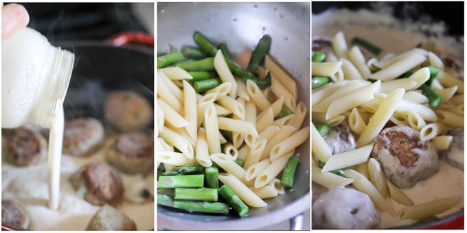 3 process shots of making meatballs with asparagus and Alfredo sauce
