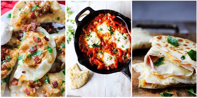 Photo collage: pierogi, shakshouka, crepes with ham and cheese