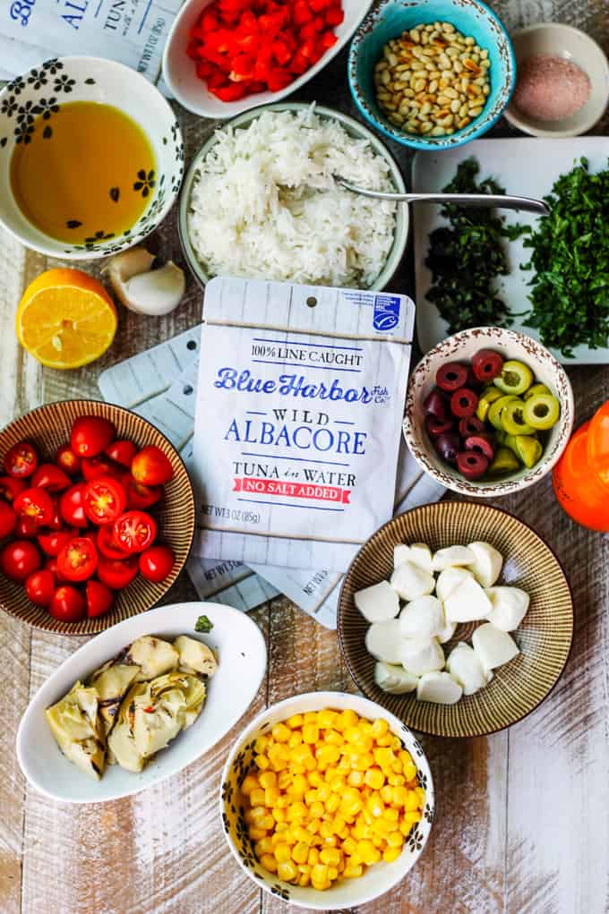 Ingredients in bowls for Italian rice tuna salad