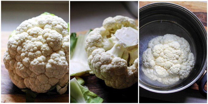 3 images of preparing cauliflower to roast