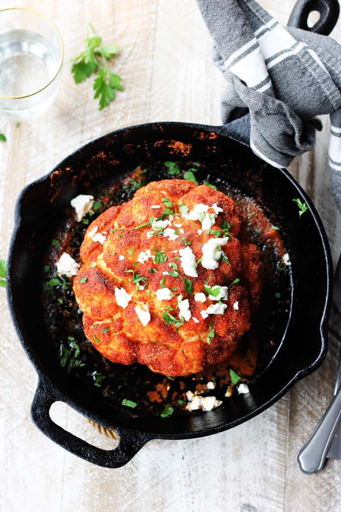 Roasted mediterranean cauliflower in a skillet