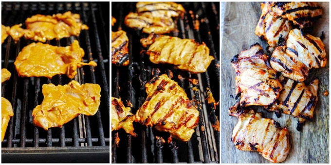 3 photos of grilling the chicken