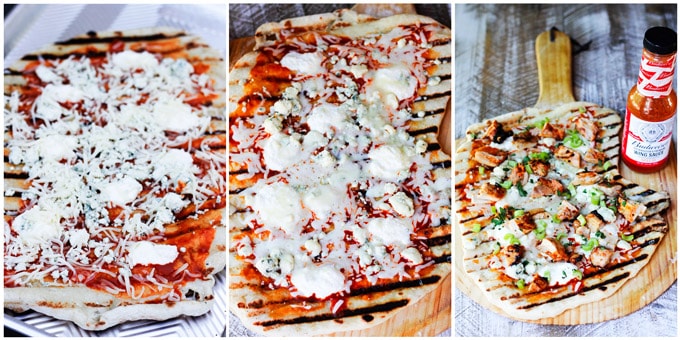 3 photos of assembling the grilled buffalo pizza