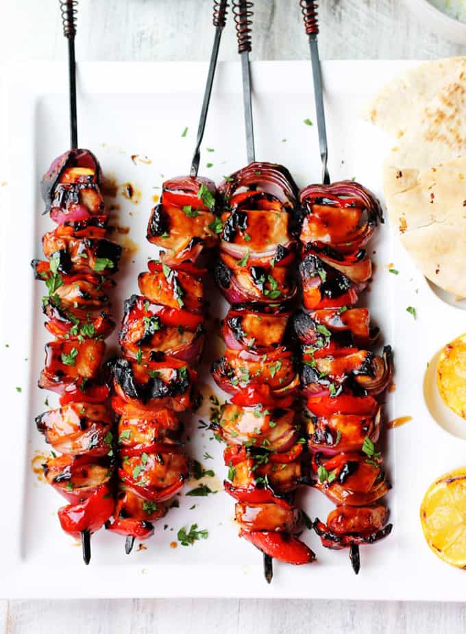 BBQ Pork Souvlaki on metal skewers