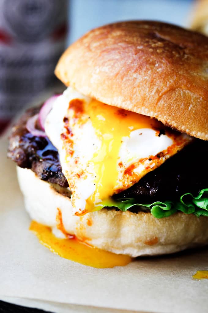 Smoky burger with runny egg yolk