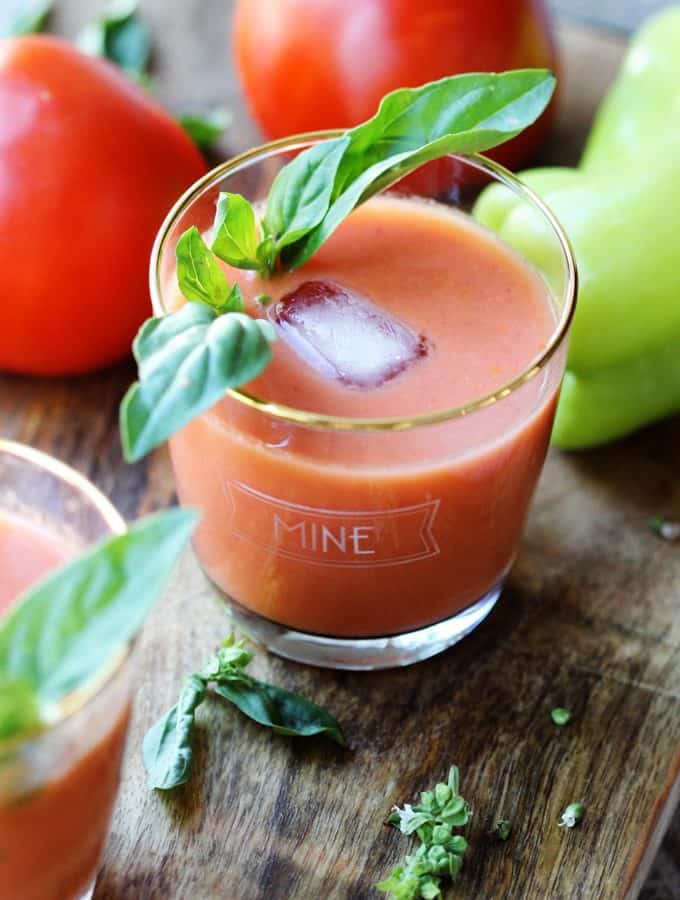 Andalusian Gazpacho in a glass with basil