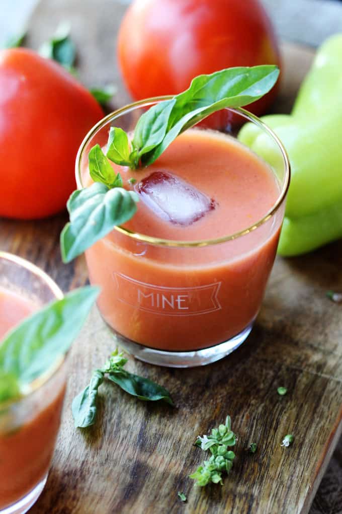 Andalusian Gazpacho in a glass with basil