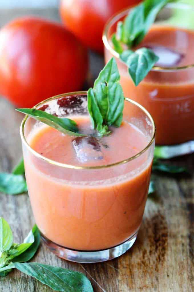 Spanish Gazpacho with basil in a glass