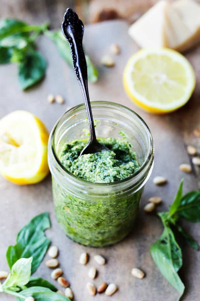 Lemon Basil Pesto in a jar with spoon