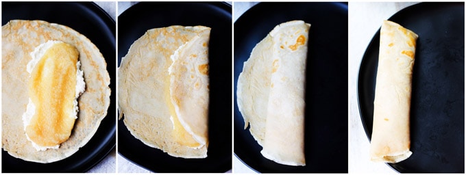 Folding apple sauce honey ricotta crepes