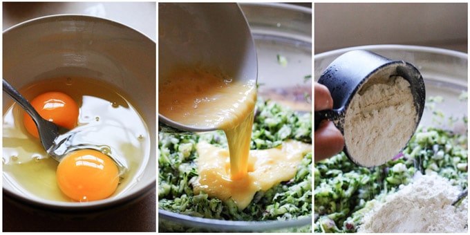 Hands-on shots of making zucchini fritters