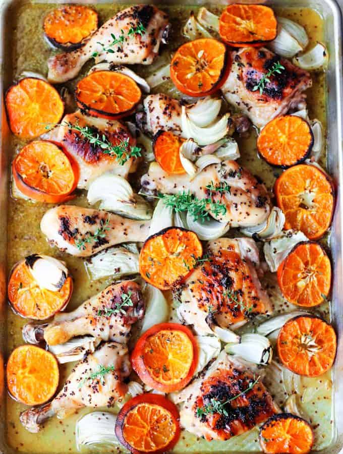 Baked Mustard Chicken with Clementines, Onions & Fennel on a sheet pan