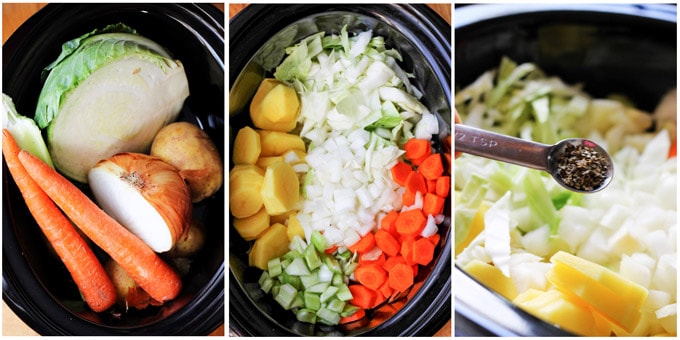 3 photos of preparing slow cooker cabbage soup
