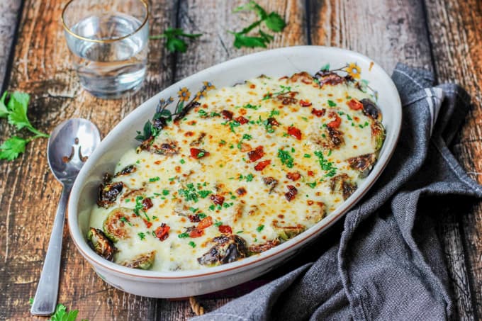 Brussels sprouts au gratin on a table