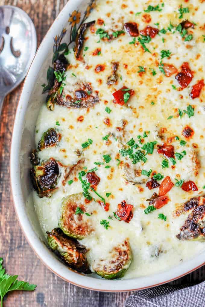 Cheesy Brussels Sprouts in a baking dish