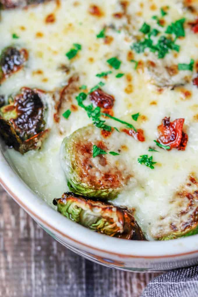 Close up shot of cheesy Brussels Sprouts