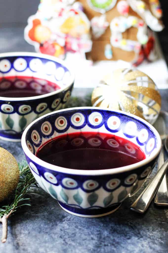 Borscht in traditional Polish bowls and Christmas decorations