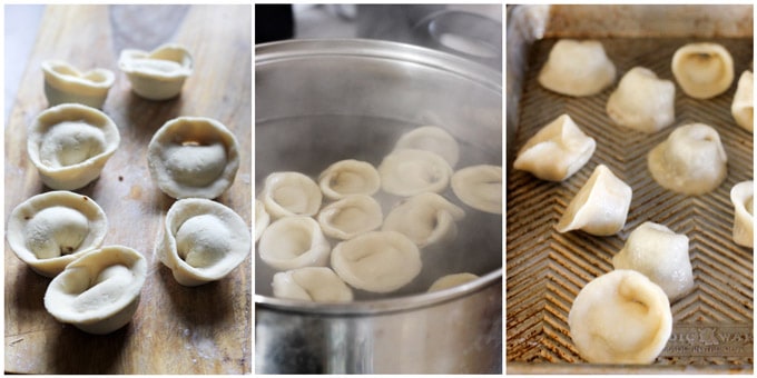 Process shots of cooking mushroom pierogi