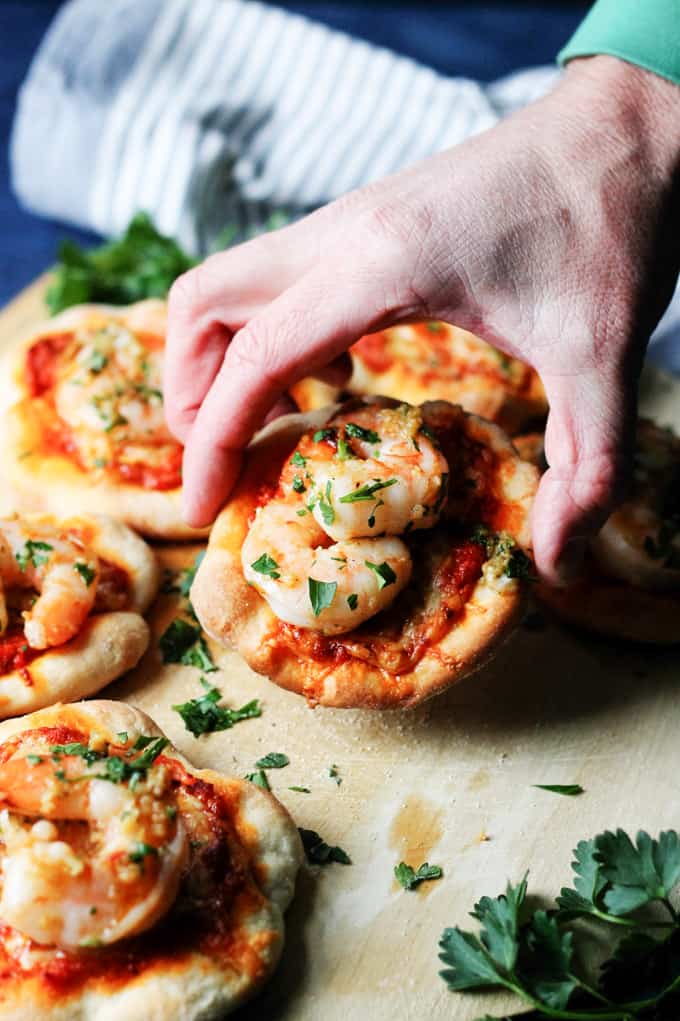 Pizzette with Garlic Shrimp and Roasted Pepper Pesto picked up from pizza peel