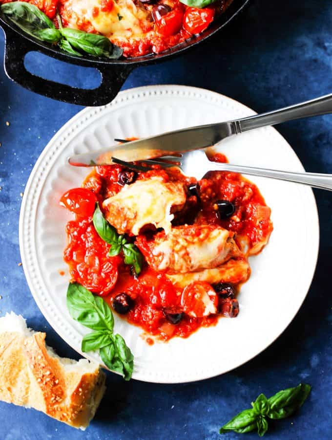Veal Rollatini with Basil, Roasted Peppers, Cheese in Tomato Olive Sauce