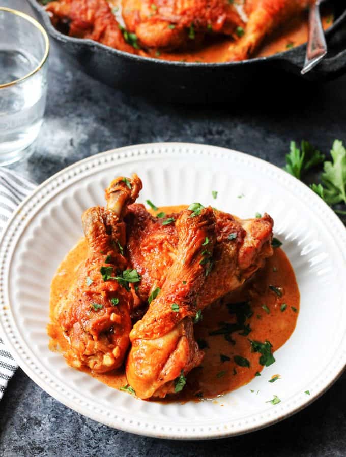 Hungarian Chicken Paprikash on a white plate