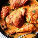 Chicken paprikash in a cast iron skillet with spoon