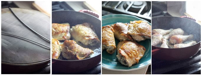 Process photos of making Hungarian chicken paprikash