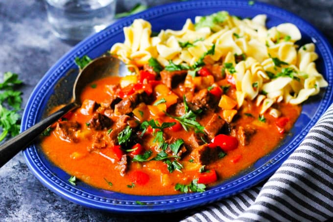 Easy Hungarian Goulash from Instant Pot on a plate