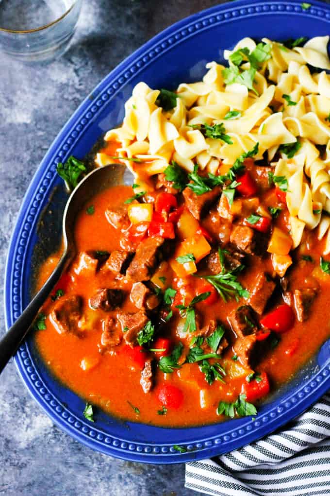 Easy goulash with noodles on a plate