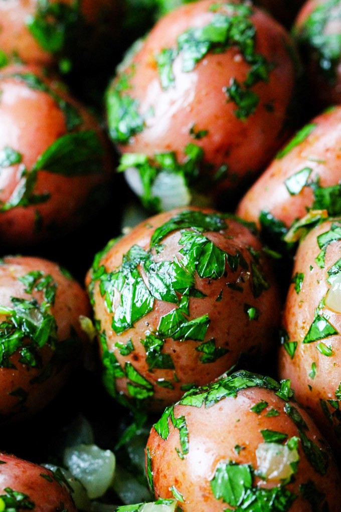 Close up shot of parsley potaotes