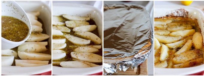 Process shots of making Greek Potatoes