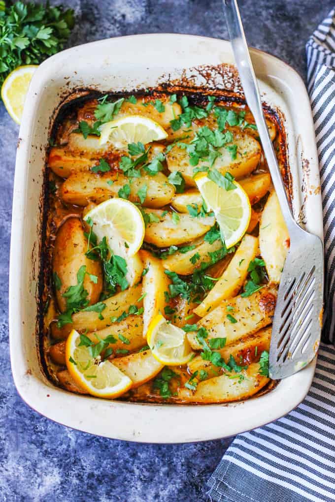 Greek Lemon Roasted Potatoes in casserole dish