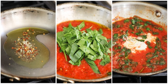 Process shots of making creamy spinach tomato sauce for baked eggs