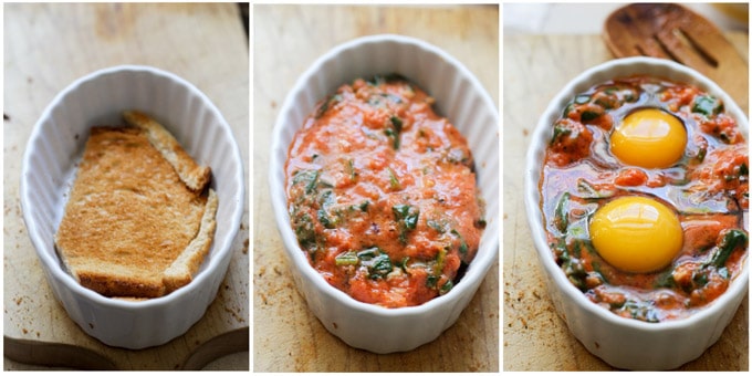 Process shots of making baked eggs in creamy tomato spinach sauce