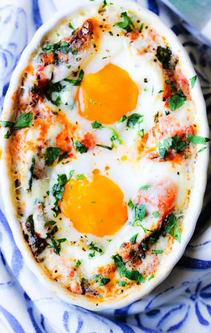 Baked Eggs in Tomato Spinach Cream Sauce