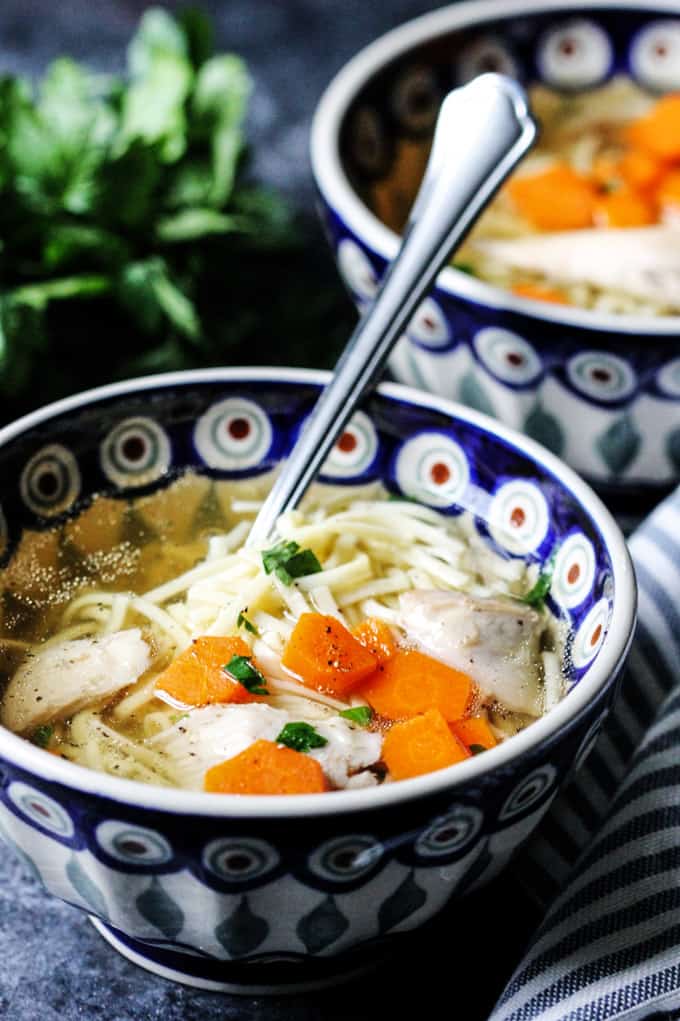 Polish Chicken Soup with noodles in fancy bowls with spoon