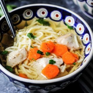 Horizontal photo of a Polish Chicken Soup in a bowl with spoon